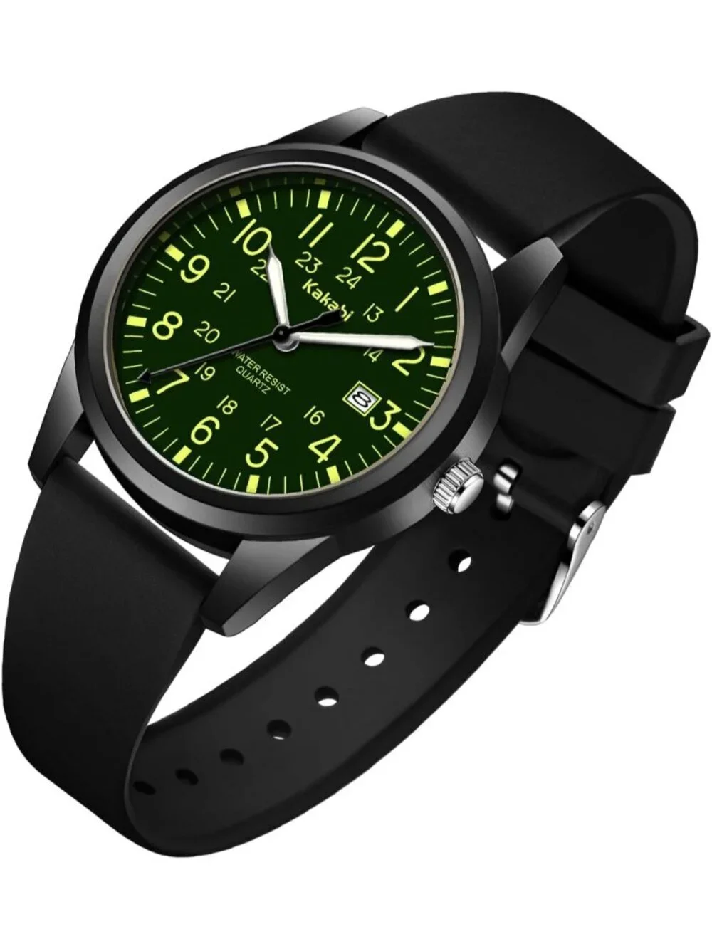 Men's Black Green Comfortable Silicone Strap Unisex Military Analog Casual Watch